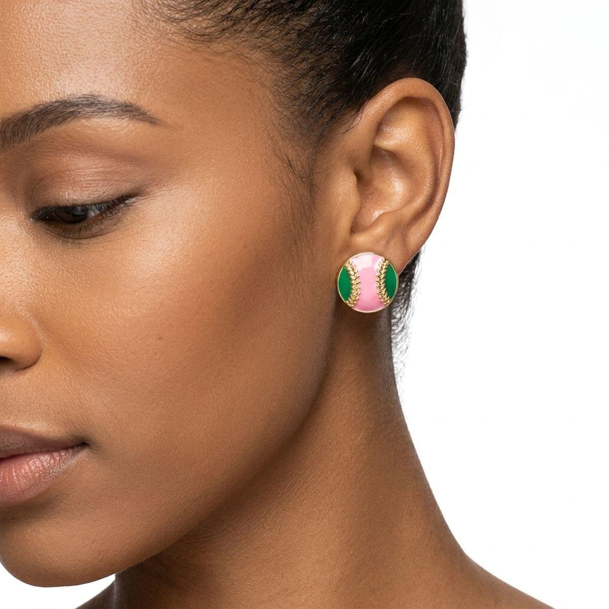 14K Gold Pink Green AKA Baseball Stud Earrings