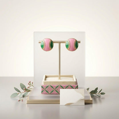 14K Gold Pink Green AKA Baseball Stud Earrings