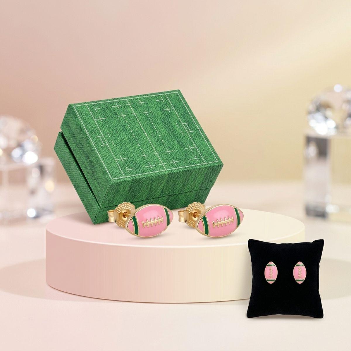 14K Gold Pink Green AKA Football Stud Earrings