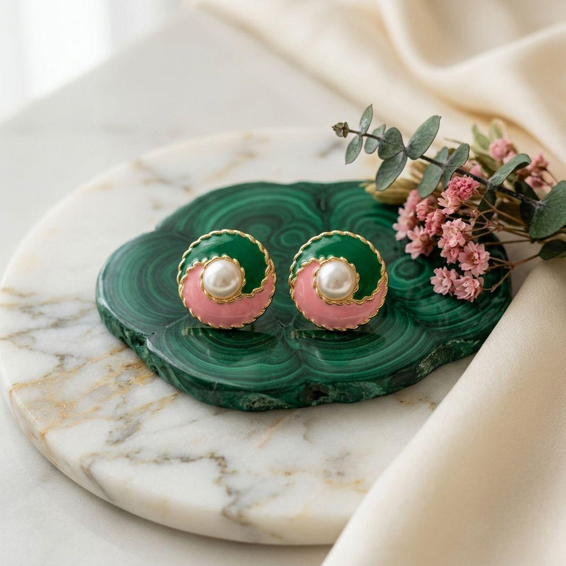 14K Gold Pink Green AKA Yin and Yang Stud Earrings