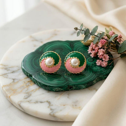 14K Gold Pink Green AKA Yin and Yang Stud Earrings