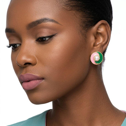 14K Gold Pink Green AKA Yin and Yang Stud Earrings