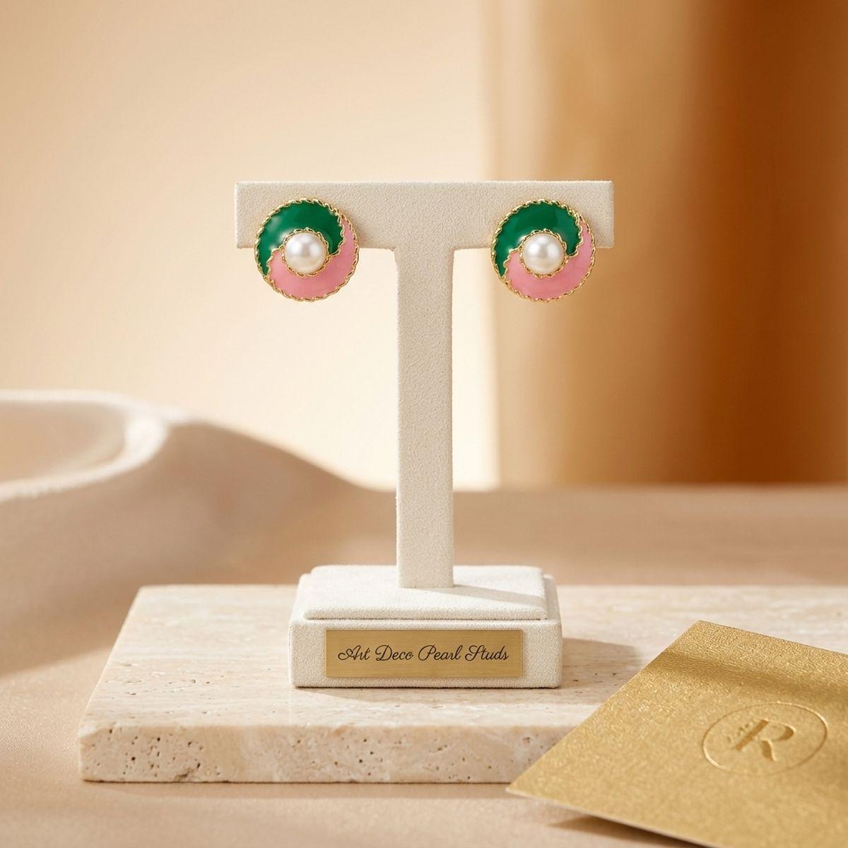 14K Gold Pink Green AKA Yin and Yang Stud Earrings