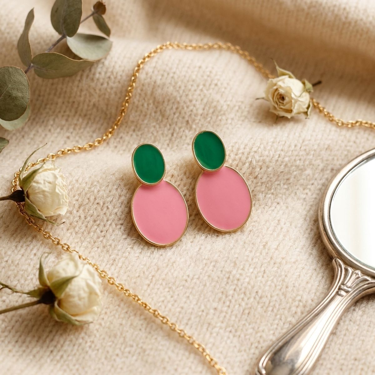 AKA Sorority Pink &amp; Green Double Oval Drop Earrings – 14K Gold