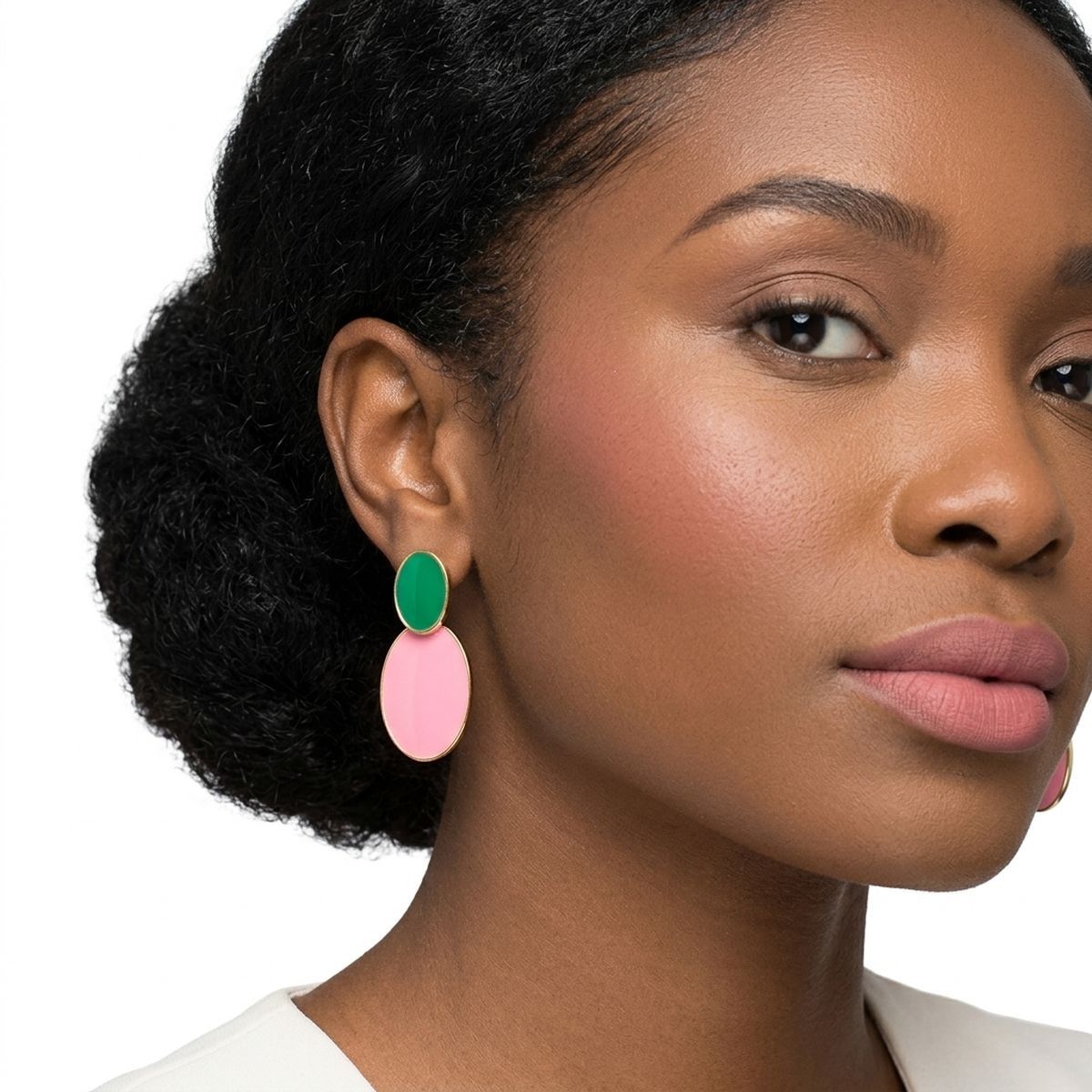 AKA Sorority Pink &amp; Green Double Oval Drop Earrings – 14K Gold
