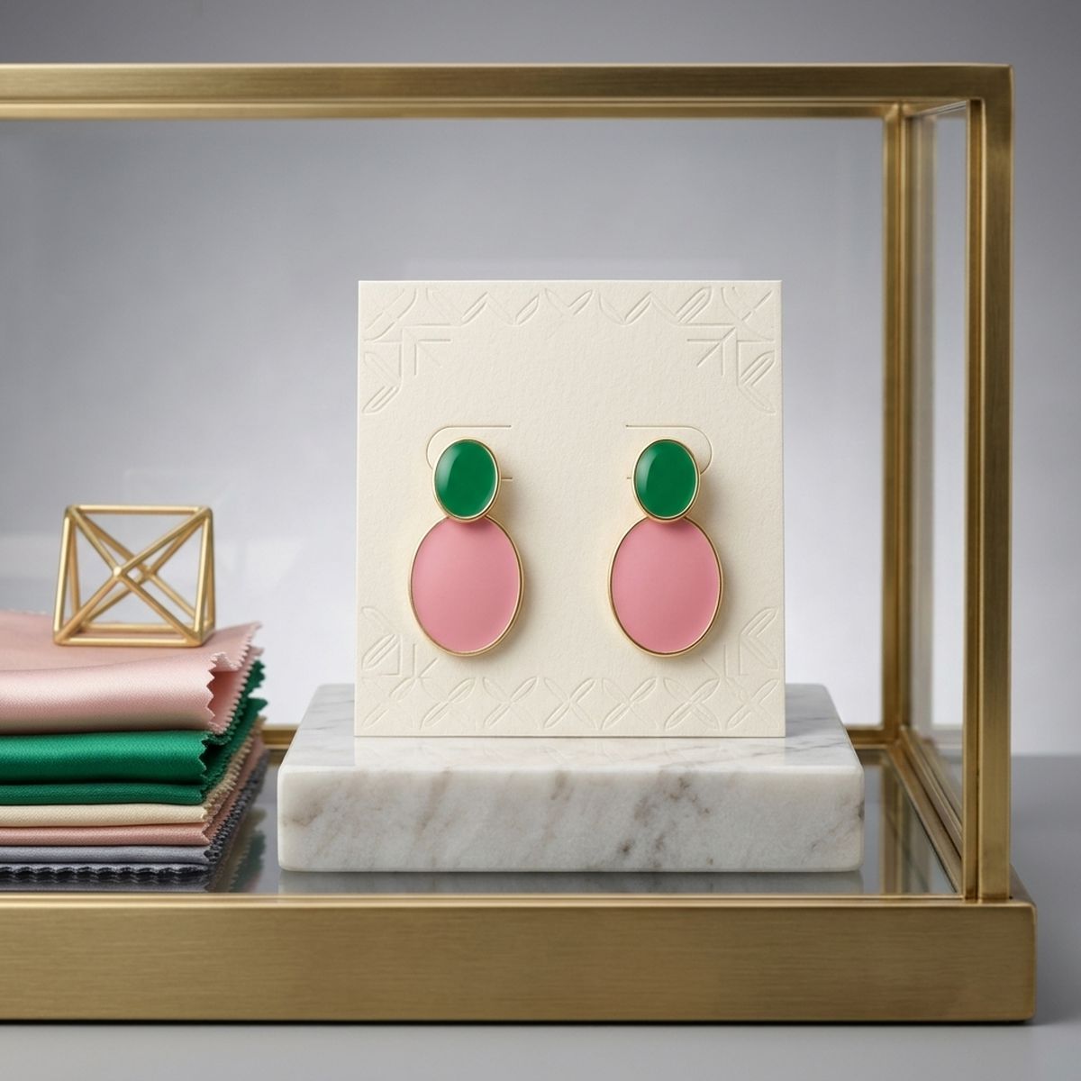 AKA Sorority Pink &amp; Green Double Oval Drop Earrings – 14K Gold