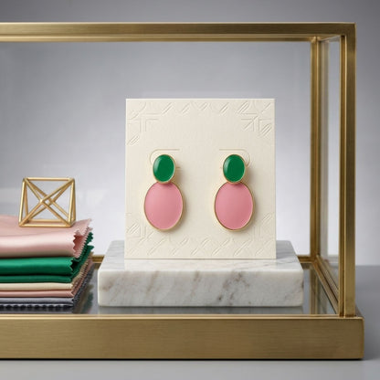 AKA Sorority Pink &amp; Green Double Oval Drop Earrings – 14K Gold