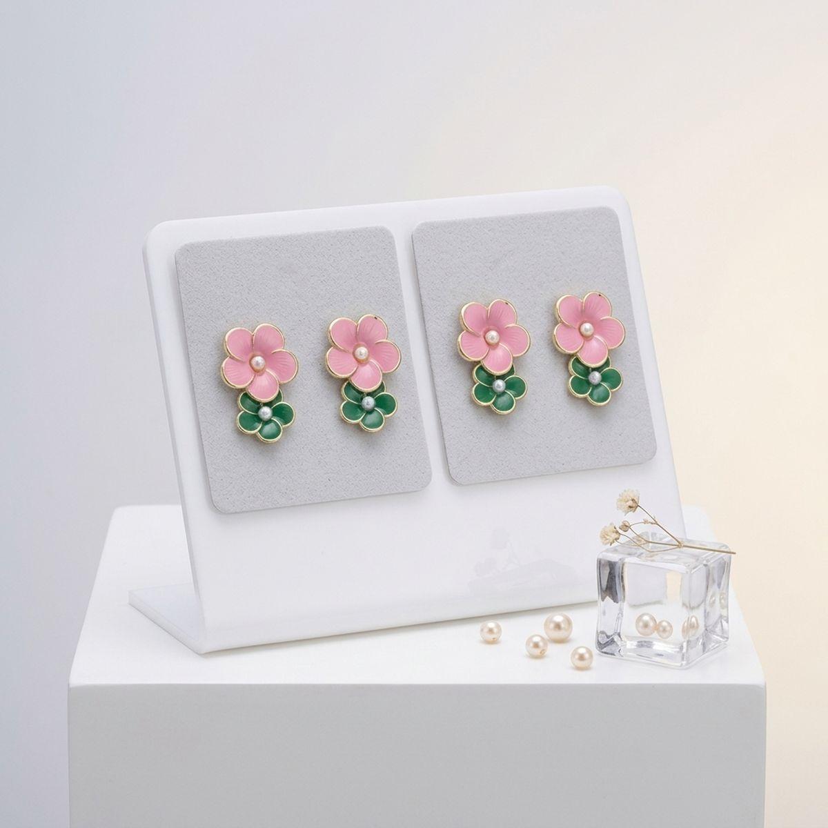 14K Gold Pink Green AKA Double Flower Earrings