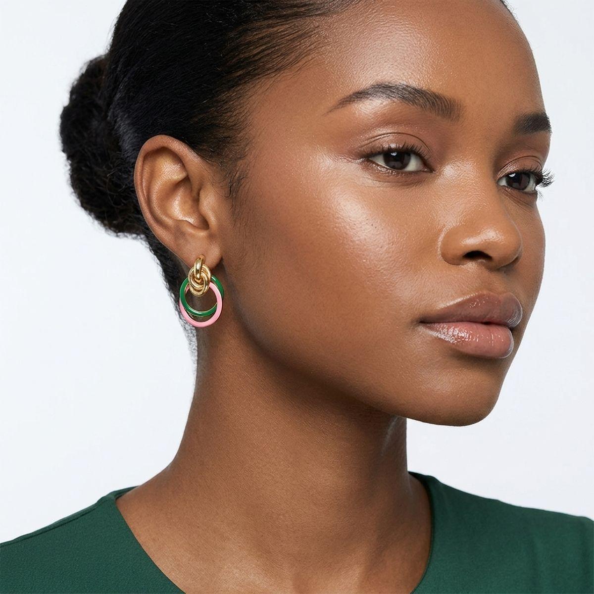 14K Gold Pink Green AKA Interlocking Ring Earrings