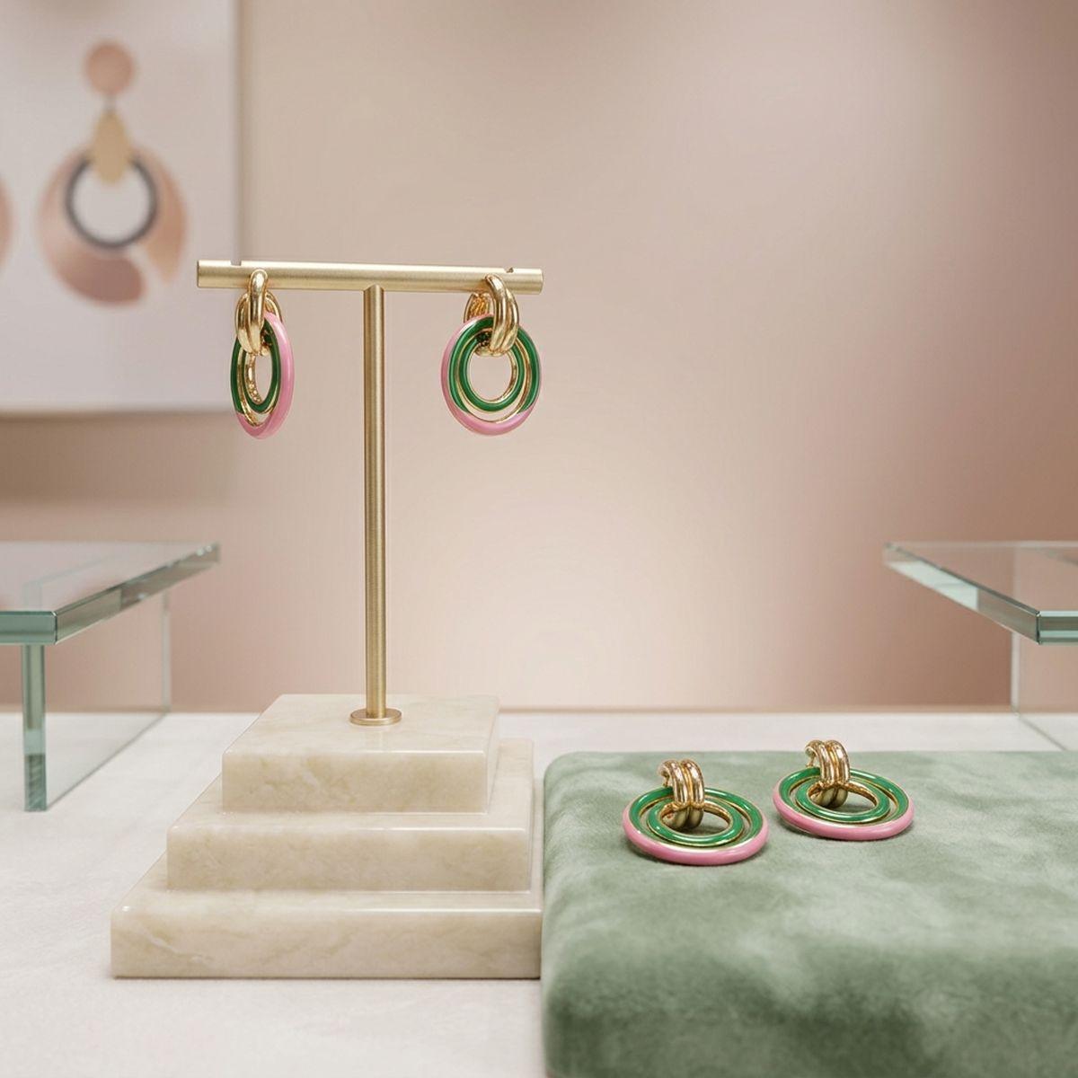 14K Gold Pink Green AKA Interlocking Ring Earrings