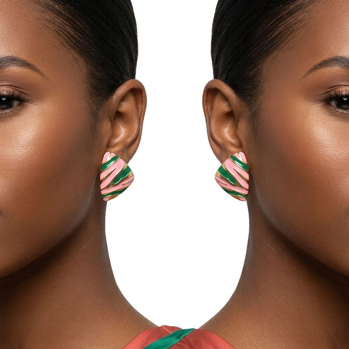 14K Gold Pink Green AKA Animal Print Stud Earrings