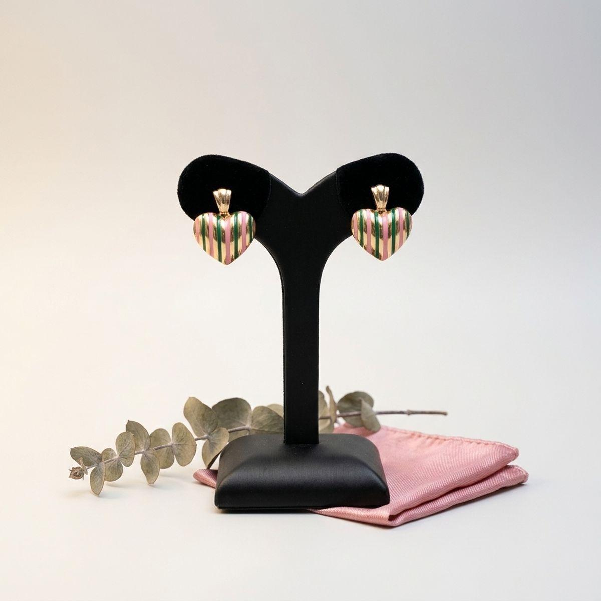 14K Gold Pink Green AKA Striped Heart Earrings