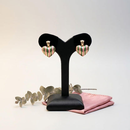 14K Gold Pink Green AKA Striped Heart Earrings