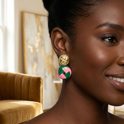 AKA Sorority Pink &amp; Green Domed Woven Drop Earrings – 14K Gold