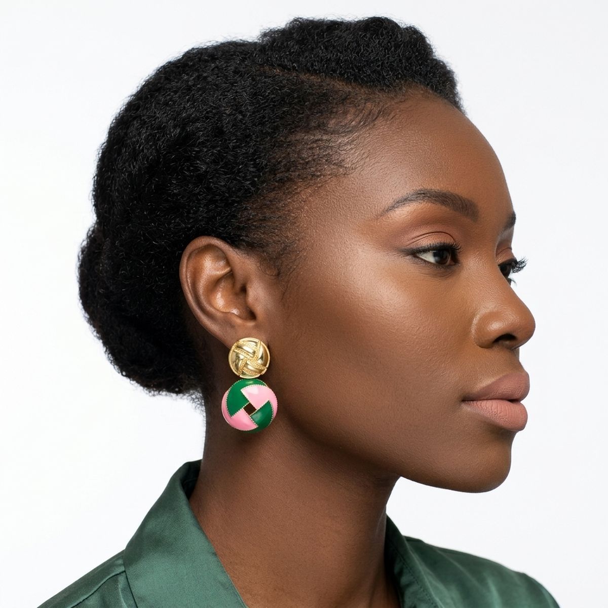 AKA Sorority Pink &amp; Green Domed Woven Drop Earrings – 14K Gold