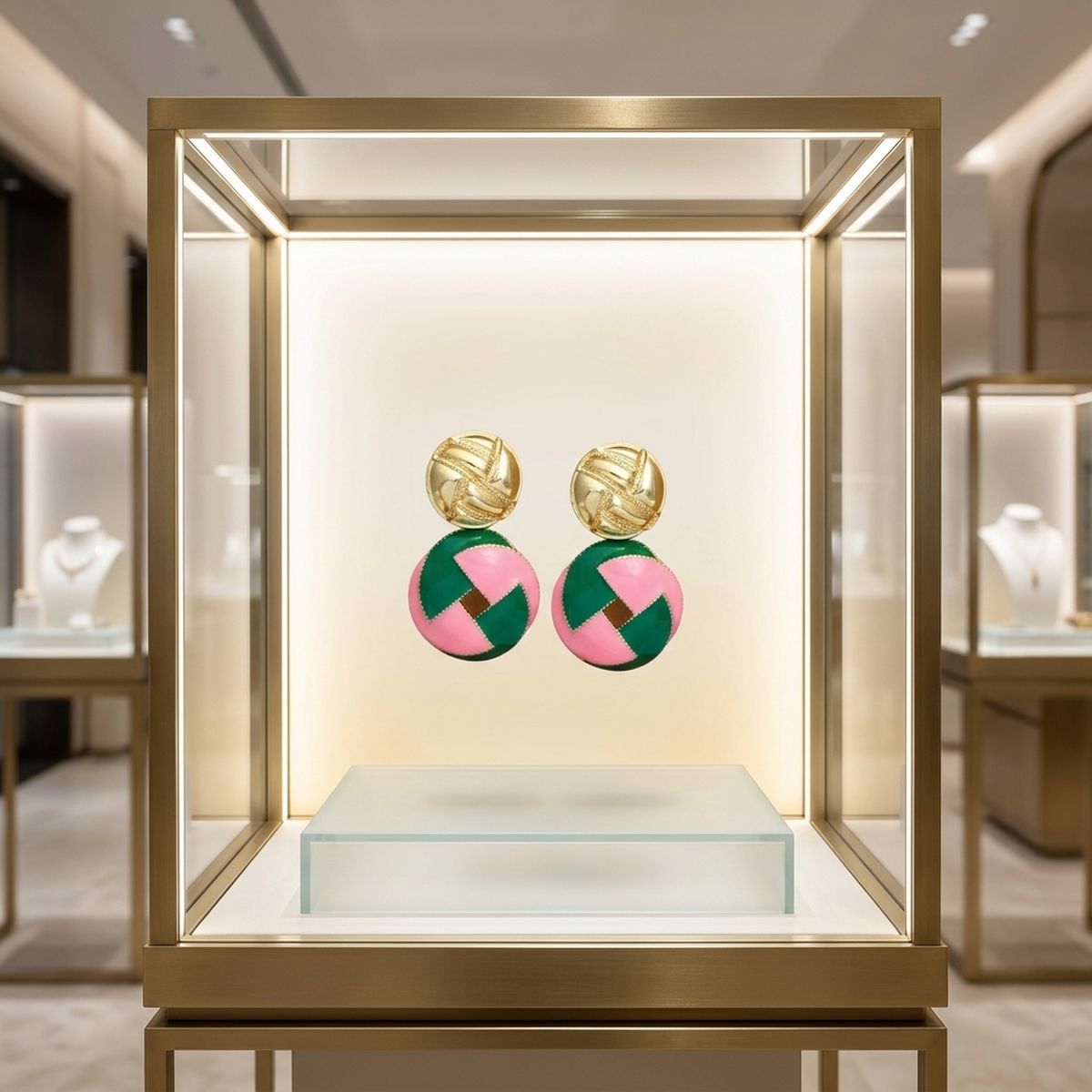 AKA Sorority Pink &amp; Green Domed Woven Drop Earrings – 14K Gold