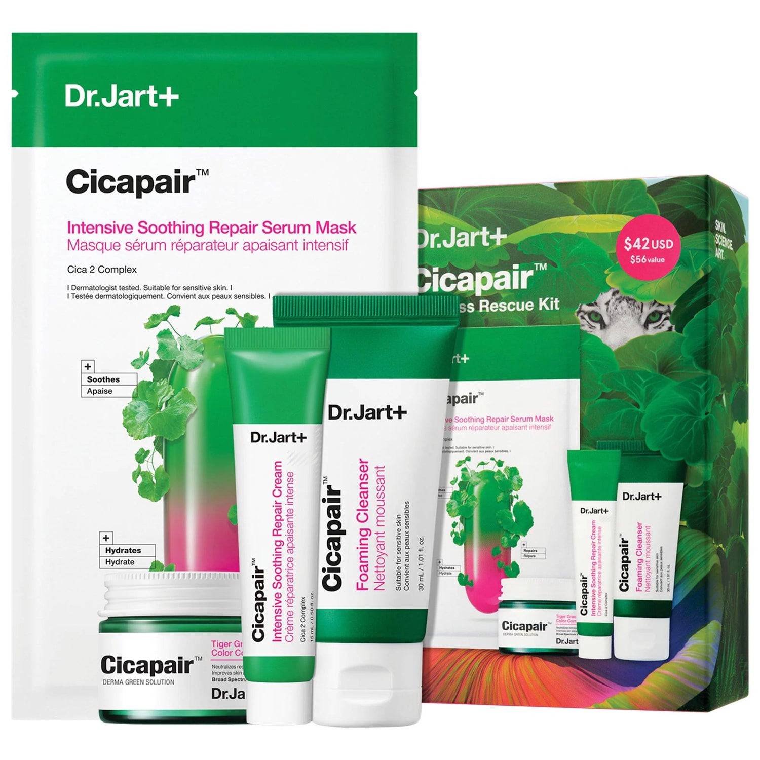 Dr. Jart+ Cicapair Redness Rescue Kit for Sensitive Skin - 4-Step Skincare Routine for Redness Relief &amp; Hydration