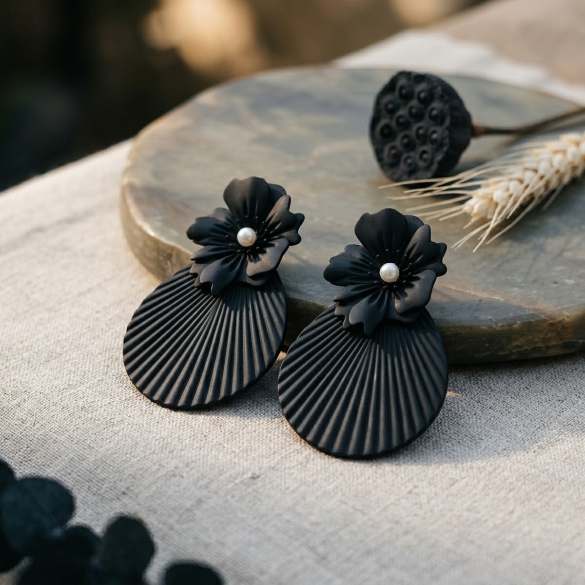 Matte Black Flower Teardrop Statement Stud Earrings