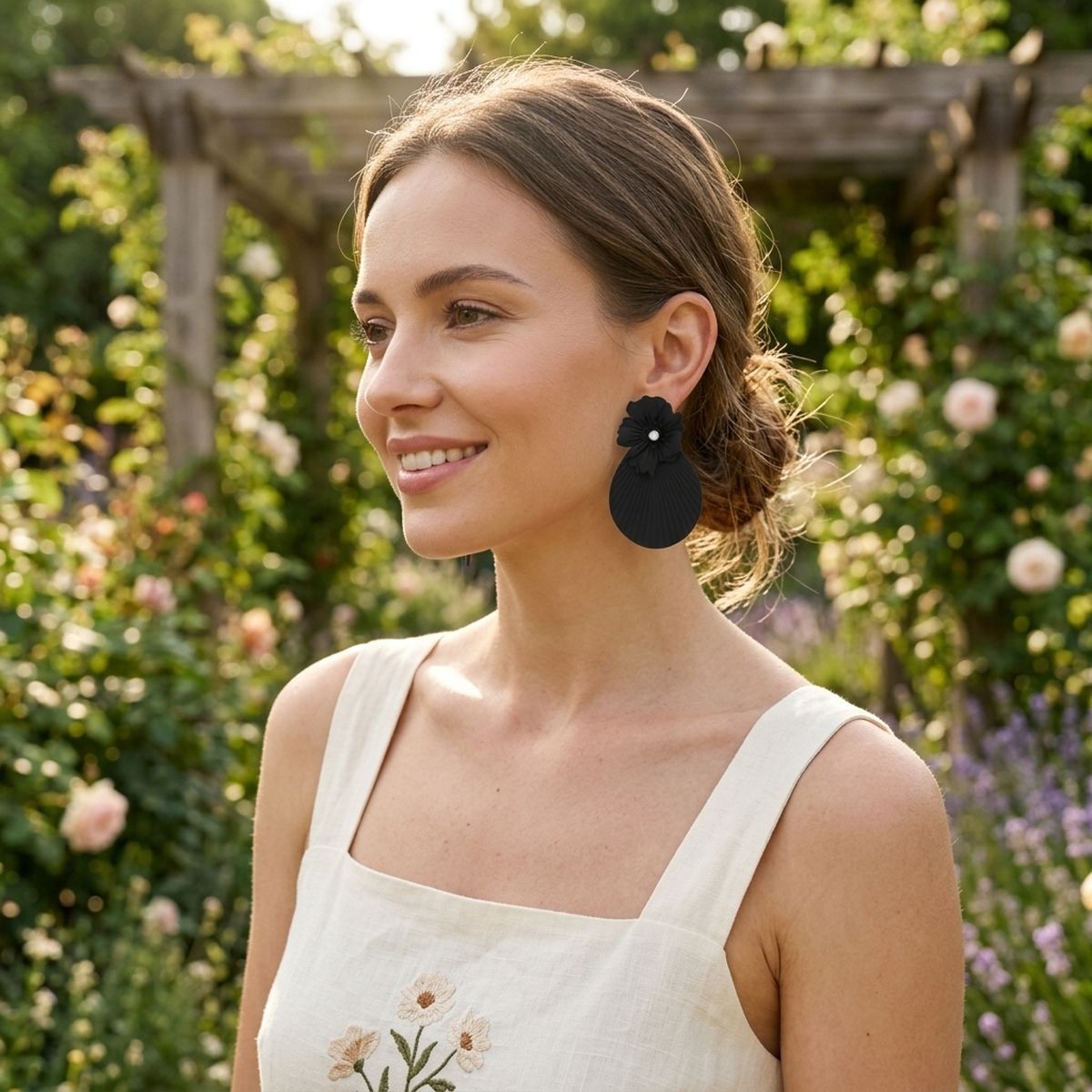 Matte Black Flower Teardrop Statement Stud Earrings