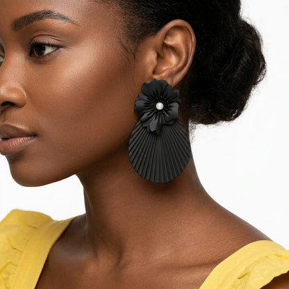 Matte Black Flower Teardrop Statement Stud Earrings