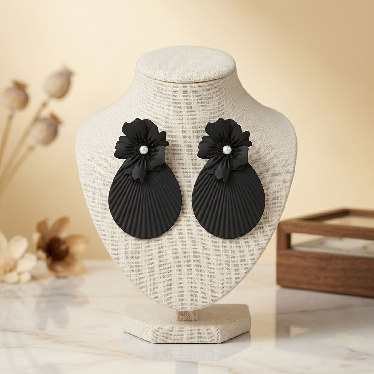 Matte Black Flower Teardrop Statement Stud Earrings