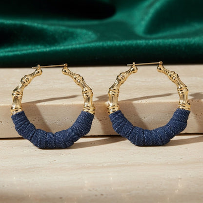 Gold Bamboo Hoop Earrings with Denim Wrap Accent