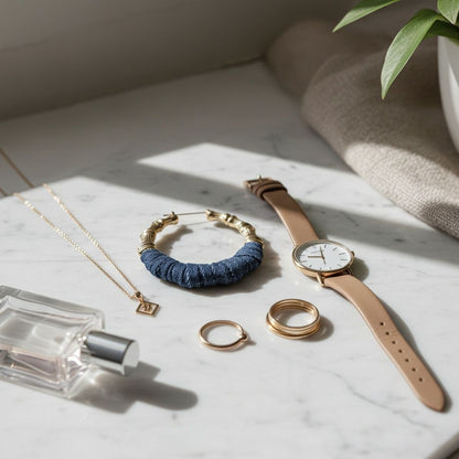Gold Bamboo Hoop Earrings with Denim Wrap Accent
