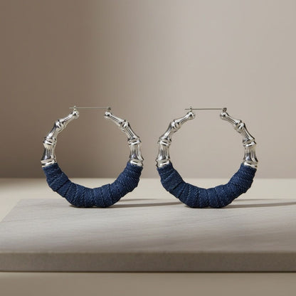 Silver Bamboo Hoop Earrings with Denim Wrap Accent