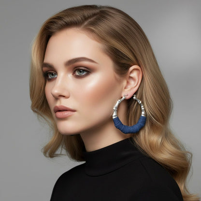Silver Bamboo Hoop Earrings with Denim Wrap Accent