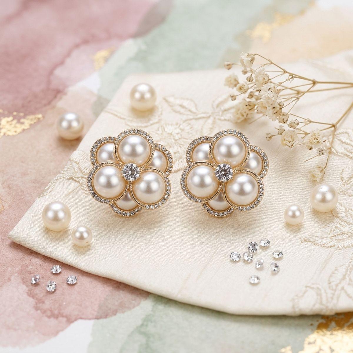 Clip on Gold Stacked Pearl Dome Pave Earrings