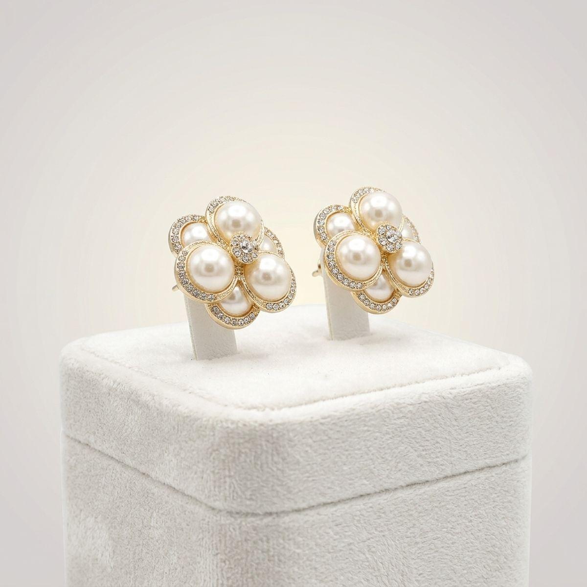 Clip on Gold Stacked Pearl Dome Pave Earrings