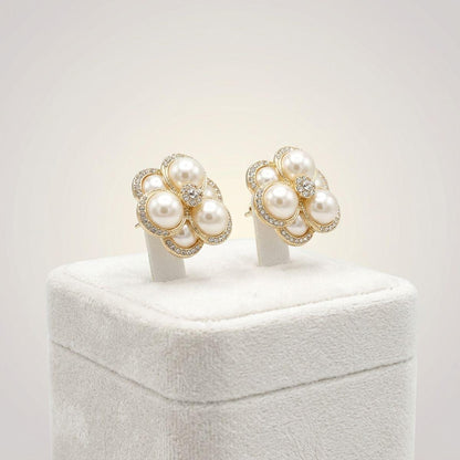 Clip on Gold Stacked Pearl Dome Pave Earrings