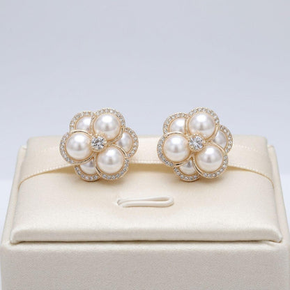 Clip on Gold Stacked Pearl Dome Pave Earrings