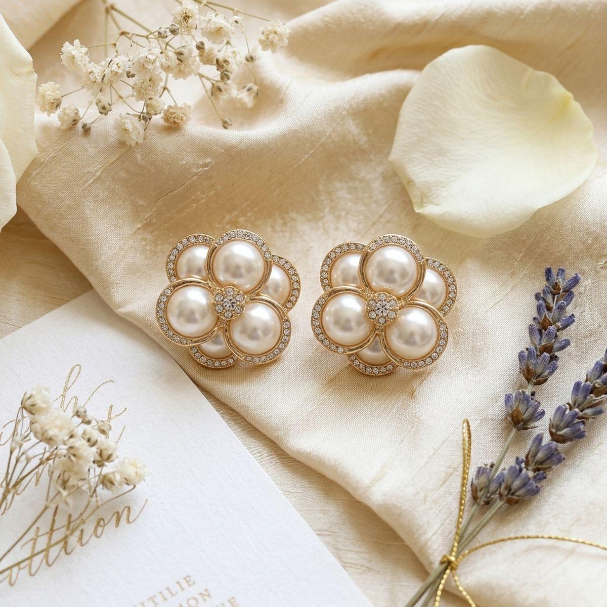 Clip on Gold Stacked Pearl Dome Pave Earrings