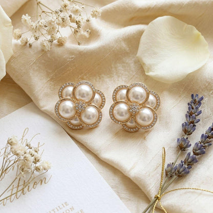 Clip on Gold Stacked Pearl Dome Pave Earrings