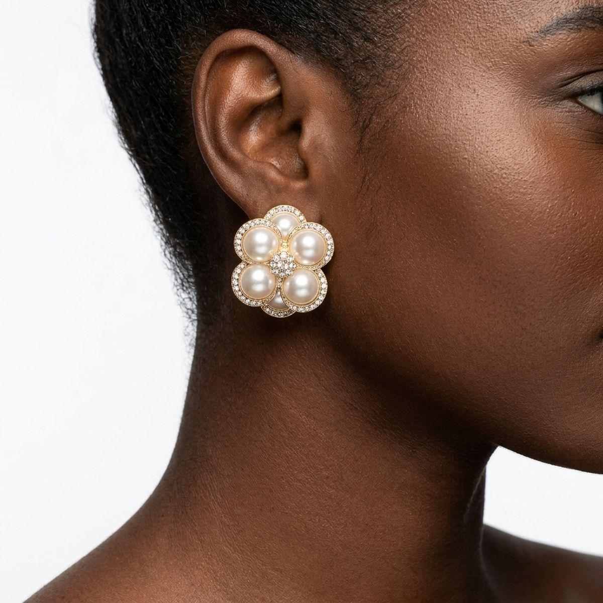 Clip on Gold Stacked Pearl Dome Pave Earrings