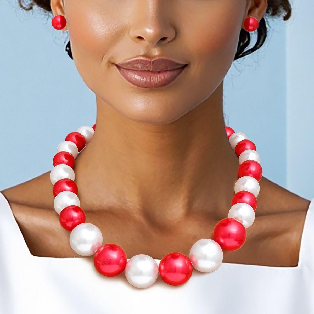 Delta Sigma Theta DST Red &amp; White Chunky Pearl Necklace &amp; Earring Set
