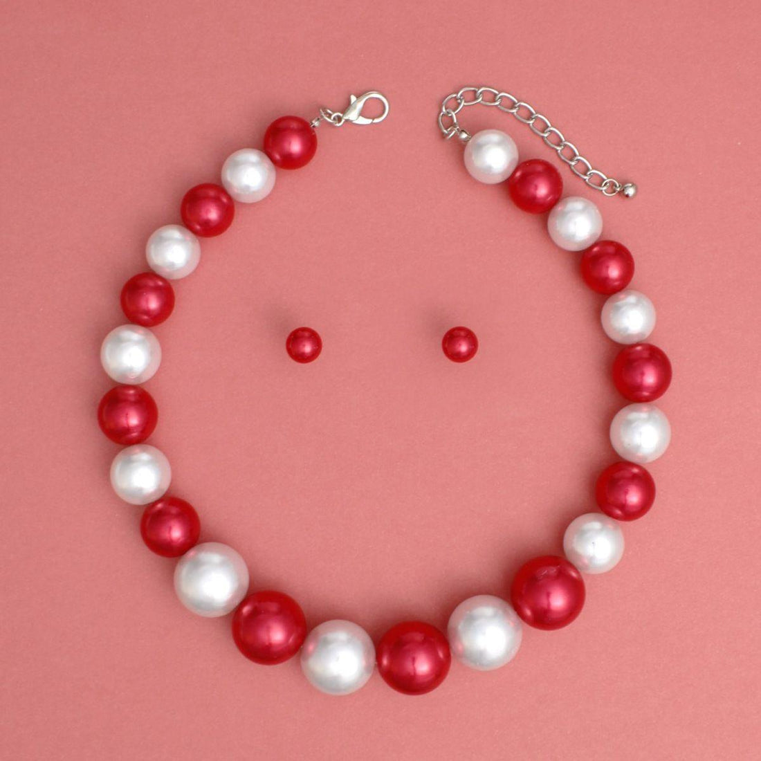 Delta Sigma Theta DST Red &amp; White Chunky Pearl Necklace &amp; Earring Set