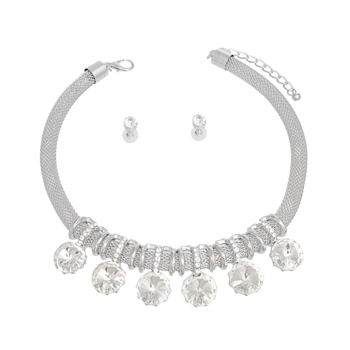 Choker Silver Mesh Round Crystal Slide Necklace