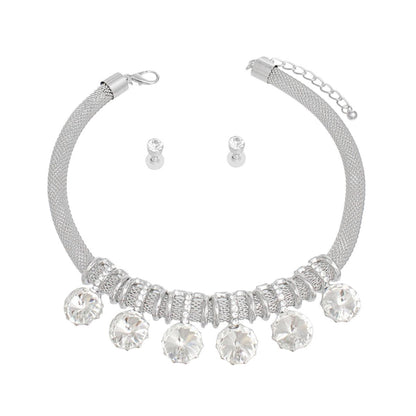 Choker Silver Mesh Round Crystal Slide Necklace