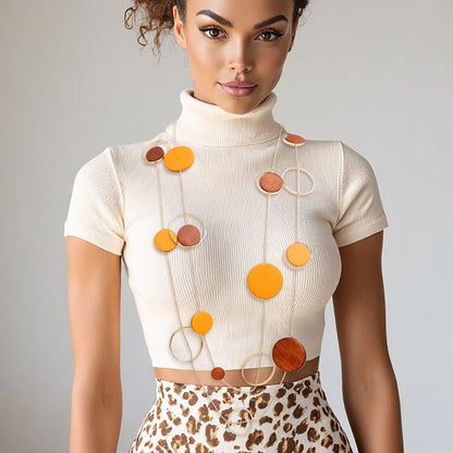 Long Brown Wood Disc Layered Gold Necklace