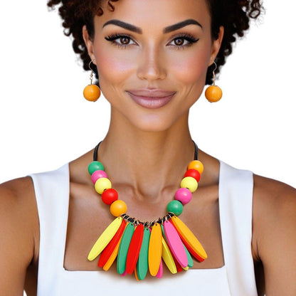 Bib Oval Wood Bead Rainbow Necklace for Women