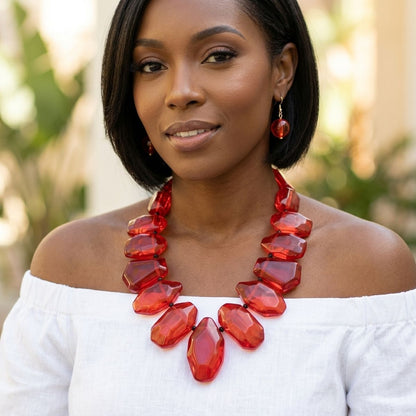 Chunky Red Acrylic Bead Leather Cord Toggle Necklace &amp; Earring Set
