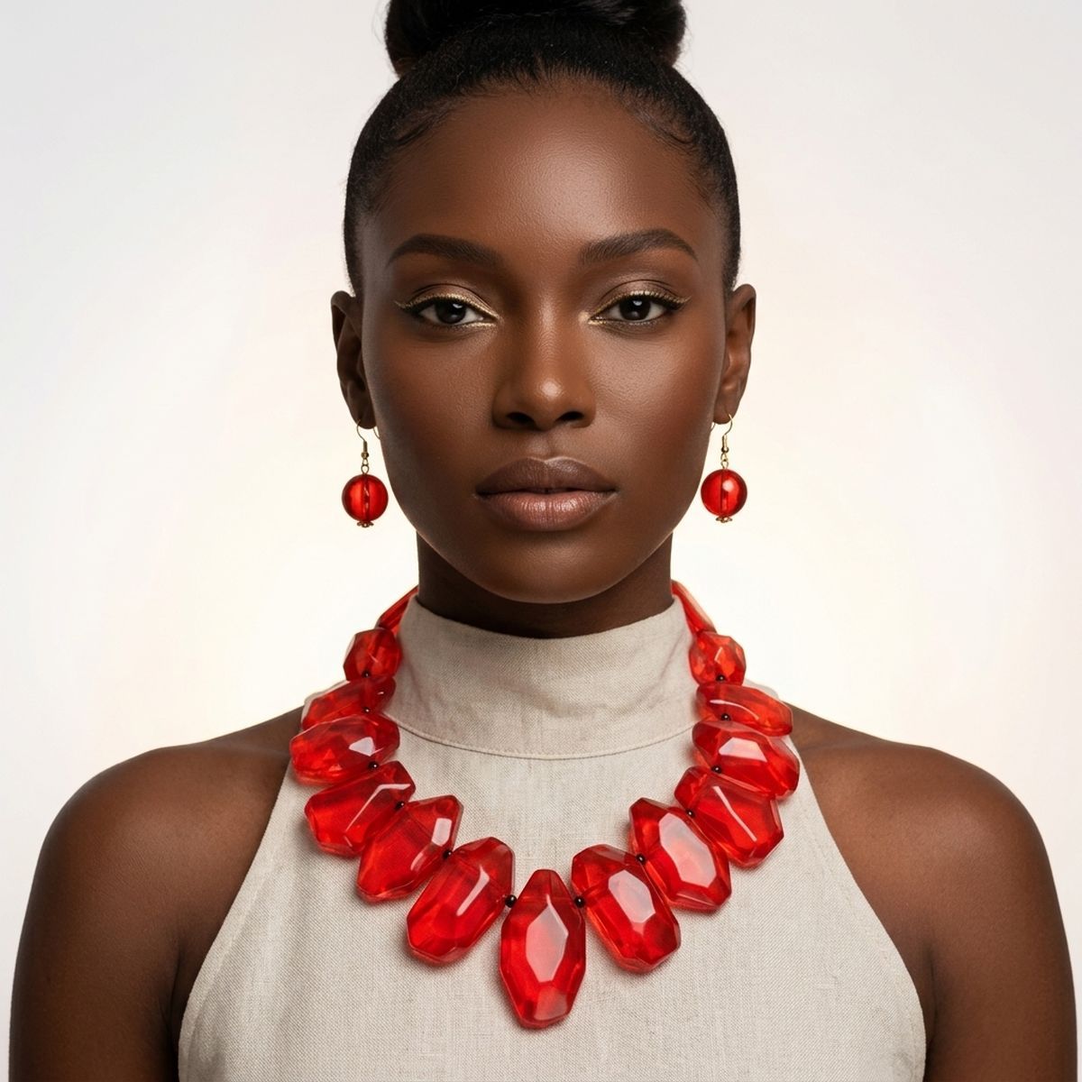 Chunky Red Acrylic Bead Leather Cord Toggle Necklace &amp; Earring Set