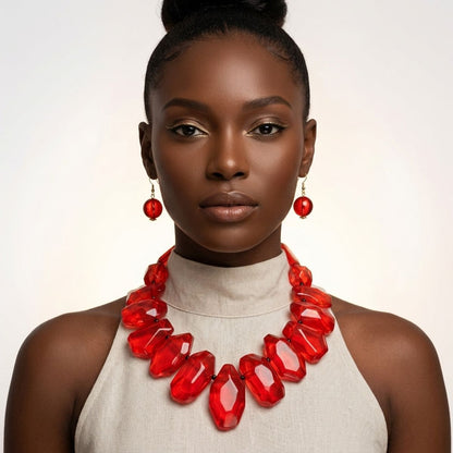 Chunky Red Acrylic Bead Leather Cord Toggle Necklace &amp; Earring Set