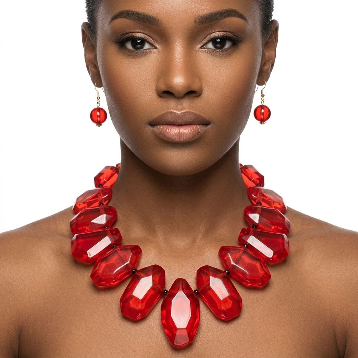 Chunky Red Acrylic Bead Leather Cord Toggle Necklace &amp; Earring Set