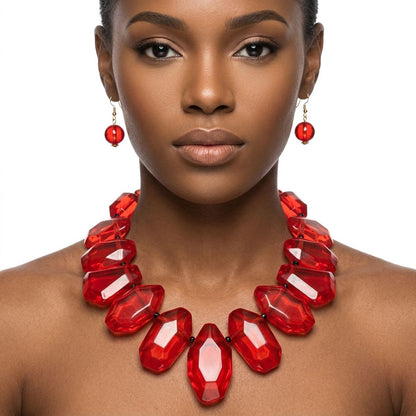 Chunky Red Acrylic Bead Leather Cord Toggle Necklace &amp; Earring Set