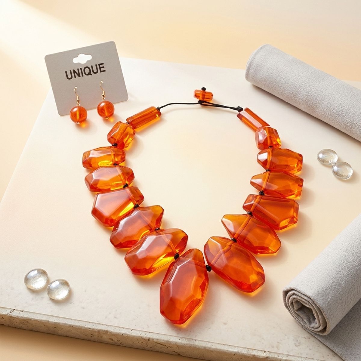 Chunky Red Acrylic Bead Leather Cord Toggle Necklace &amp; Earring Set
