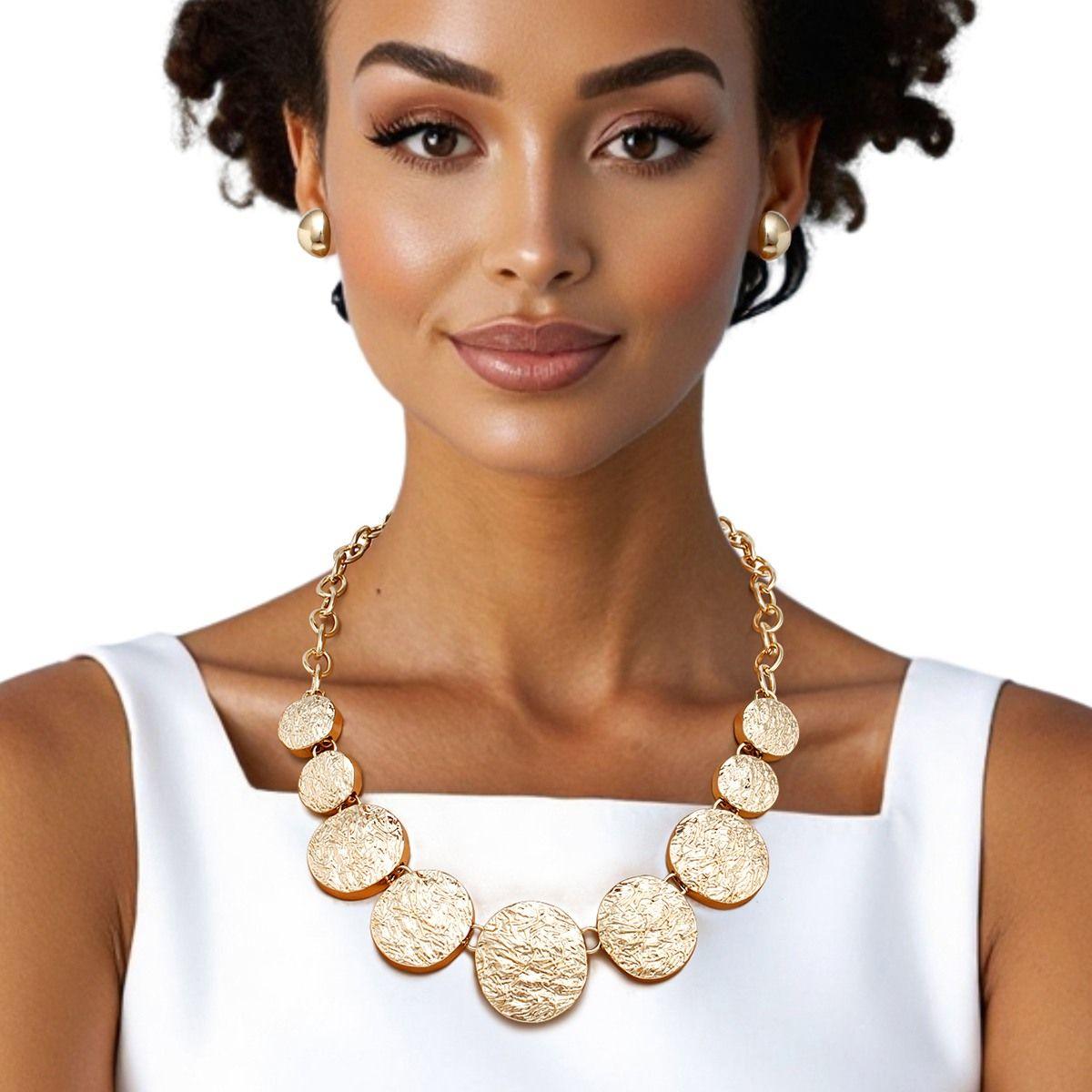 Chain Gold Heavy Duty Crinkle Metal Disc Necklace