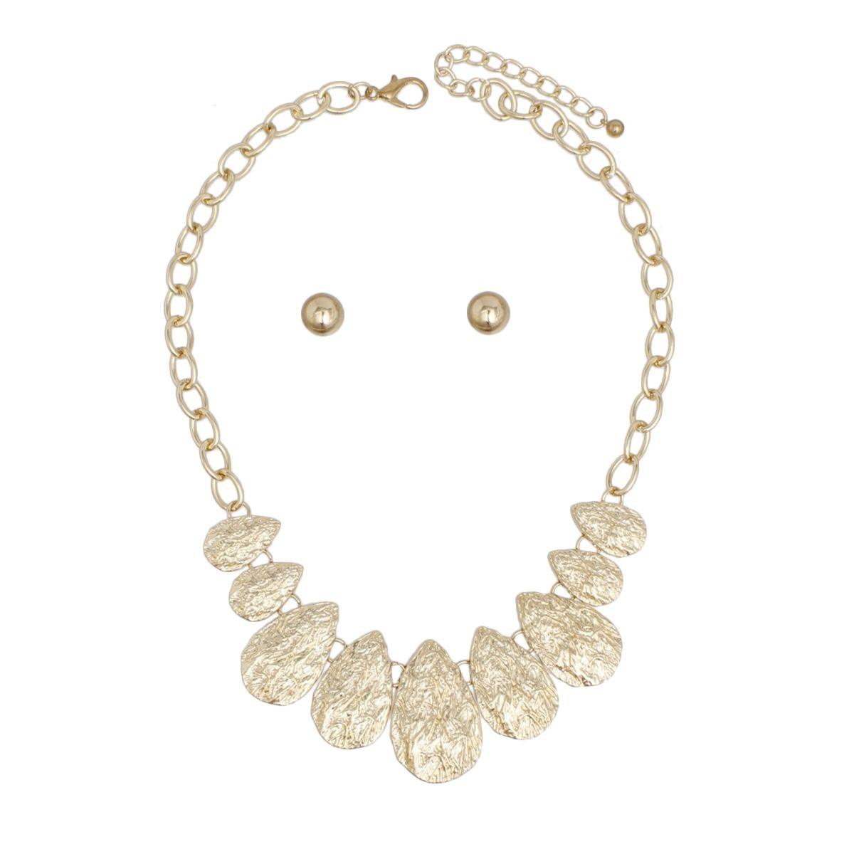 Chain Gold Heavy Crinkle Metal Teardrop Necklace